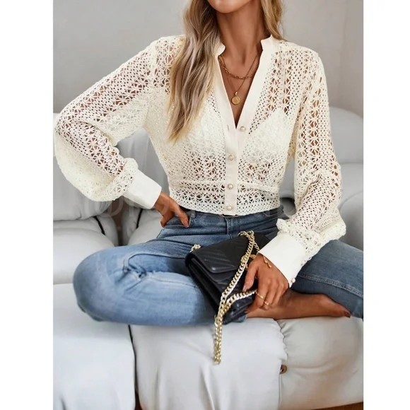 Hollow Out Knit Crochet Guipure Crop Shirt Long Sleeve Button Up Front - Picture 2 of 12
